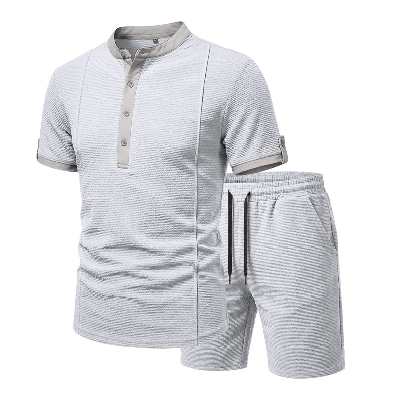 Men's Casual Henley Short Sleeve T-Shirt And Shorts Set Comfort-Focused Polyester Design for Summer_viptrois.com