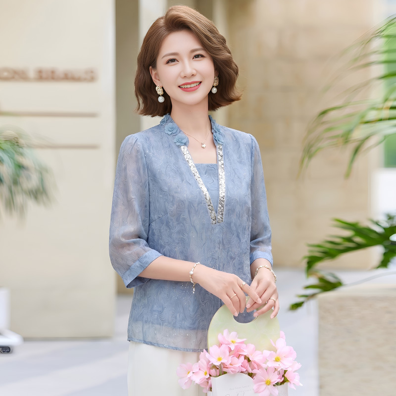 Summer three-quarter sleeve blouse for mothers, 2026 new style, loose-fitting, tummy-concealing, purple mid-sleeve top, middle-aged and elderly women's clothing Summer three-quarter sleeve blouse for mothers, 2026 new style, loose-fitting, tummy-concealing, purple mid-sleeve top, middle-aged and elderly women's clothing