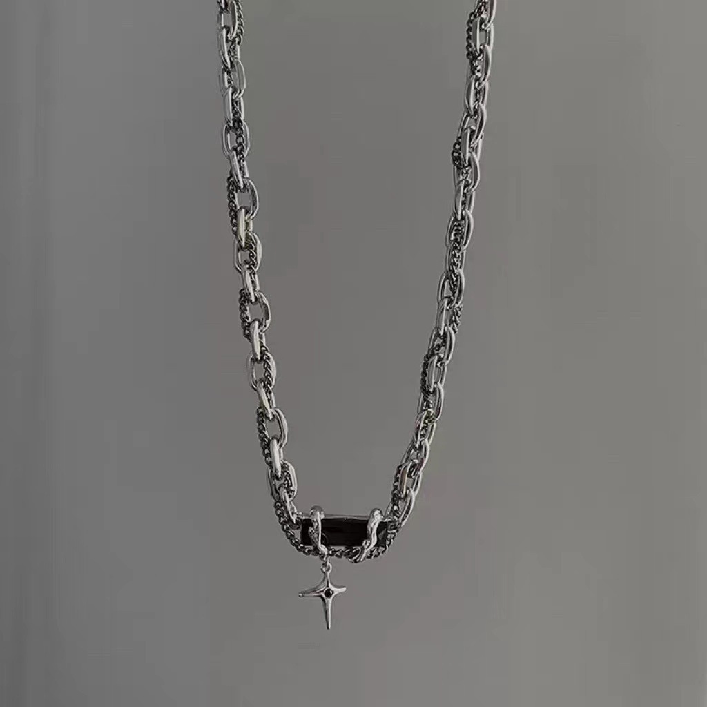 Herren Halskette Mit Schwarzem Diamant Stern Anhänger Layer Set_voghion.com