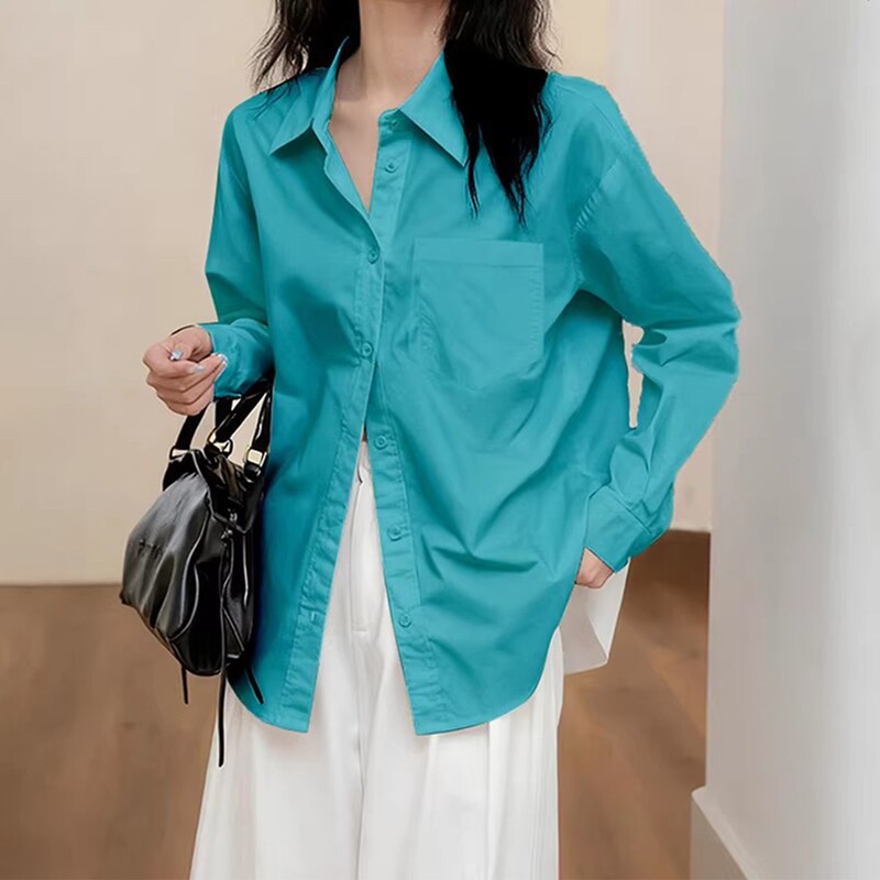 Peacock Blue Loose Cotton Shirt, Guangzhou Thirteen Rows Women's Clothing, Lake Blue Inner Layering Shirt, High-End Feel