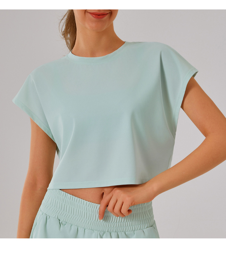 Solid Color round Neck Quick Dry Short Sleeved Top Faux Two Pieces Anti Exposure Shorts Loose Sports Yoga Fitness Set