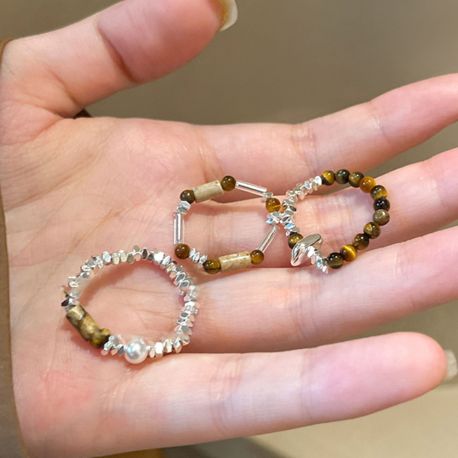 Tiger Eye Fragment Silver Stone Beaded Ethnic Style Elegant Index Finger Niche Design Sense Ring_voghion.com