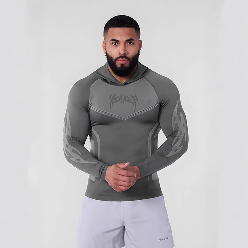 American New Men's Tight T-Shirt Jogger Sports Leisure Fitness Running Training Quick-Drying Seamless Hooded Long