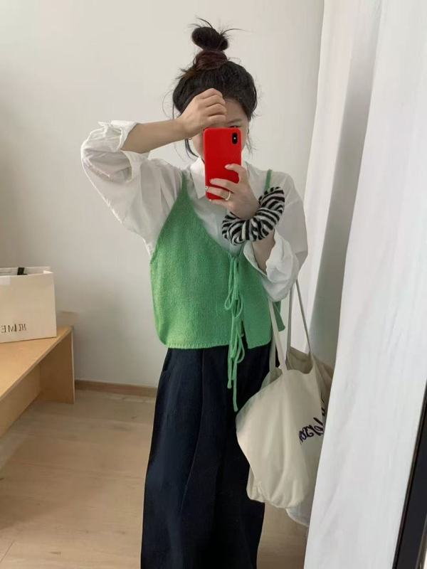 正反两穿韩系双V领绑带针织开衫马甲女2025秋季休闲吊带背心外搭|undefined