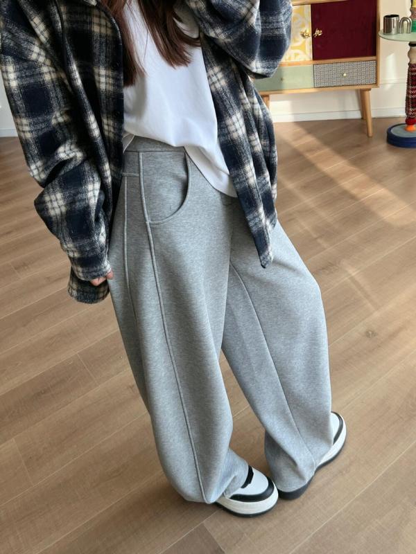 灰色卫裤女秋季新款弯刀裤弧形大码显瘦梨形身材阔腿宽松休闲裤子|undefined