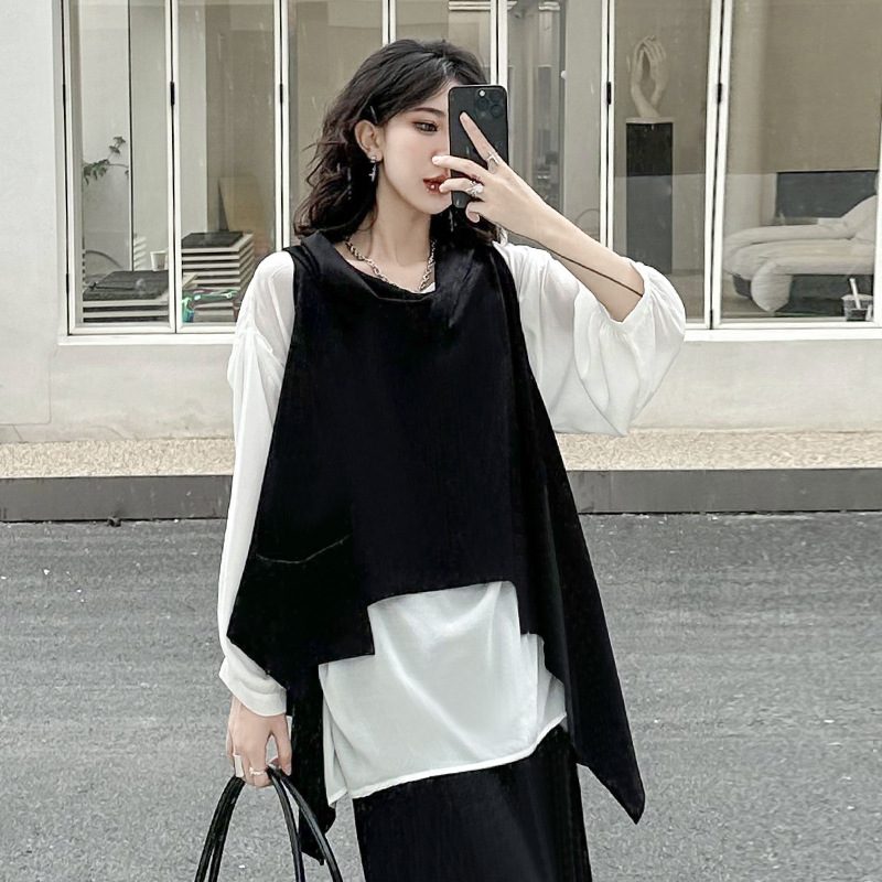 Estilo japonés estilo oscuro chaleco irregular para mujeres 2023 primavera y otoño suelta interior manga larga Camiseta casual traje de dos piezas