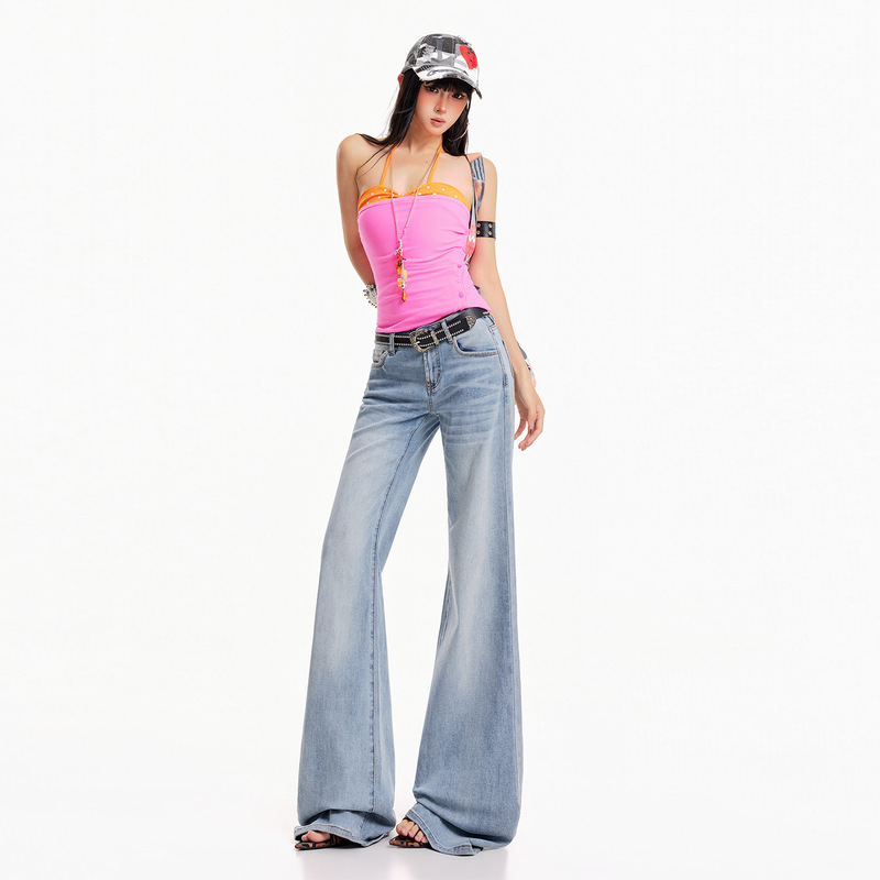 American-Style Washed Light Blue Low-Waist Flared Jeans for Women, New Elastic Slim-Fit Bootcut Pants, Retro Wide-Leg