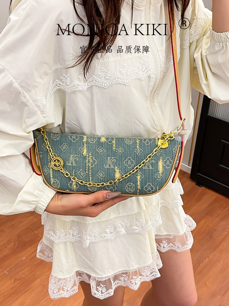 莫妮卡奇奇 Denim retro one-shoulder bag, shoulder bag, french style, high-quality style