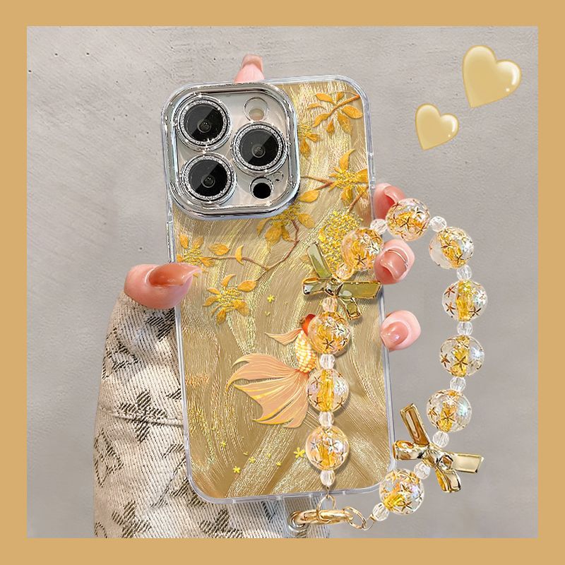 Golden Koi Fish Suitable for iPhone 17 Pro Max Anti-Drop iPhone 16 Pro Ins Fine Hole Feather Yarn Phone Case 15