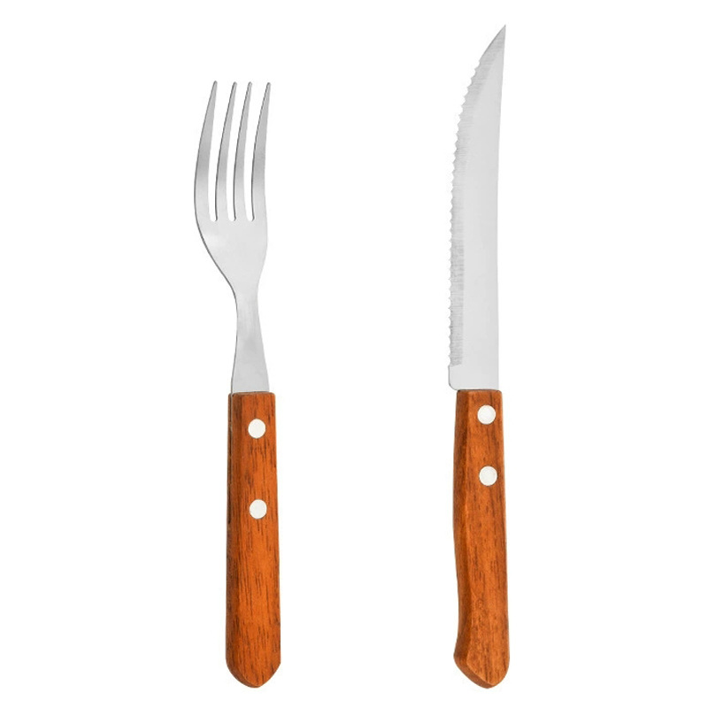 Set de dos piezas con mango de madera marrón (cuchillo de filete + tenedor)
