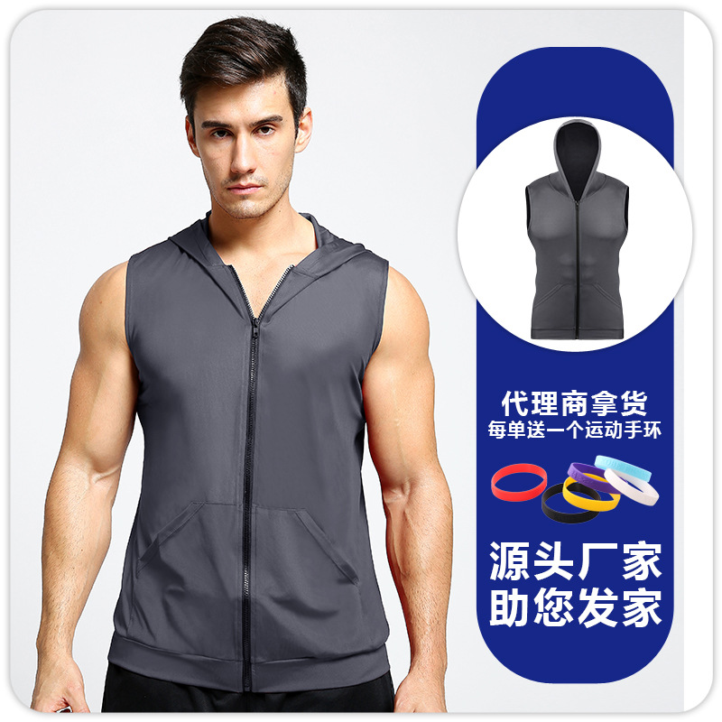 Verano nueva chaqueta con capucha de los hombres deportes fitness chaleco sin mangas Delgado suéter cremallera image 9
