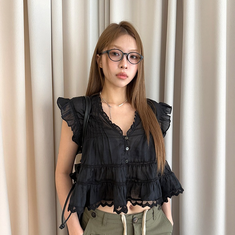 Korean-Style Ins Lace Trim V-Neck Short Sleeve Blouse for Women, Hollow-Out Layered Ruffle Short Waist-Cinching Pure Desire Shirt