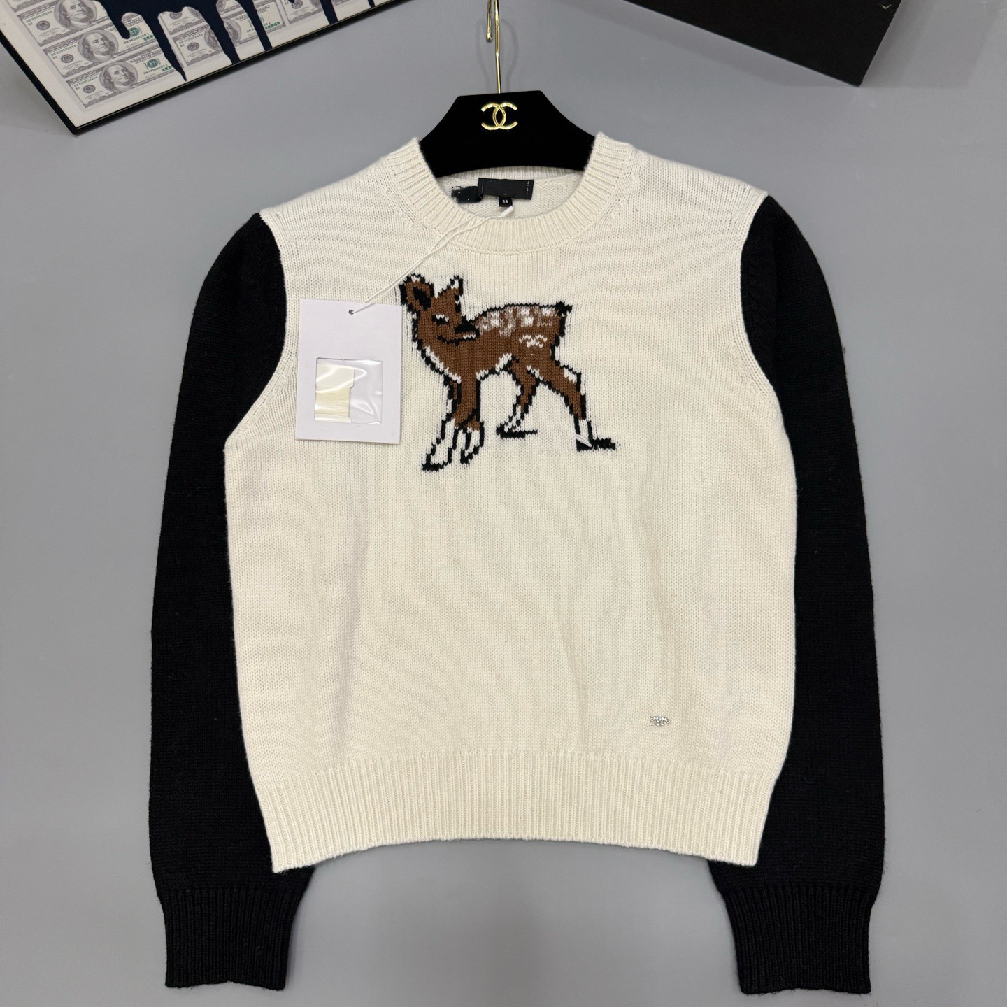 南油高版ch25秋冬新款时尚拼色长袖小鹿提花圆领套头毛衣女