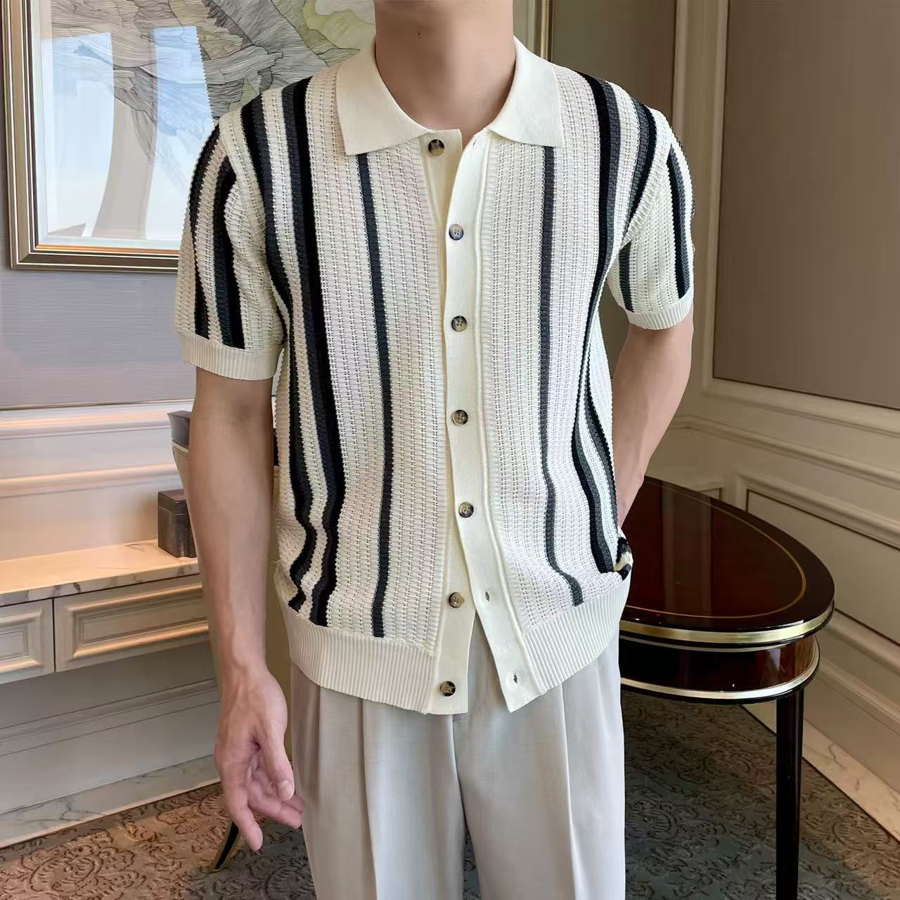 Polo camiseta de punto camiseta de manga corta hombre solapa rayas huecas viejas camisas de viento de verano hielo seda fábrica transfronteriza al por mayor