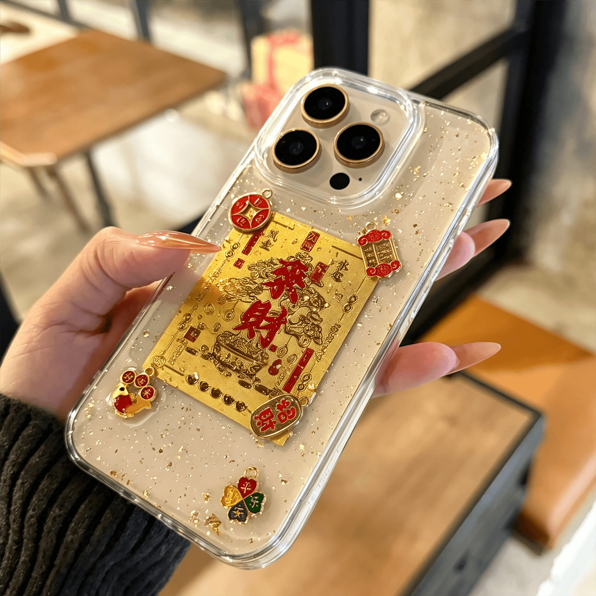 适用苹果18promax手机壳iphone17滴胶金箔来财招财16pro新款X创意