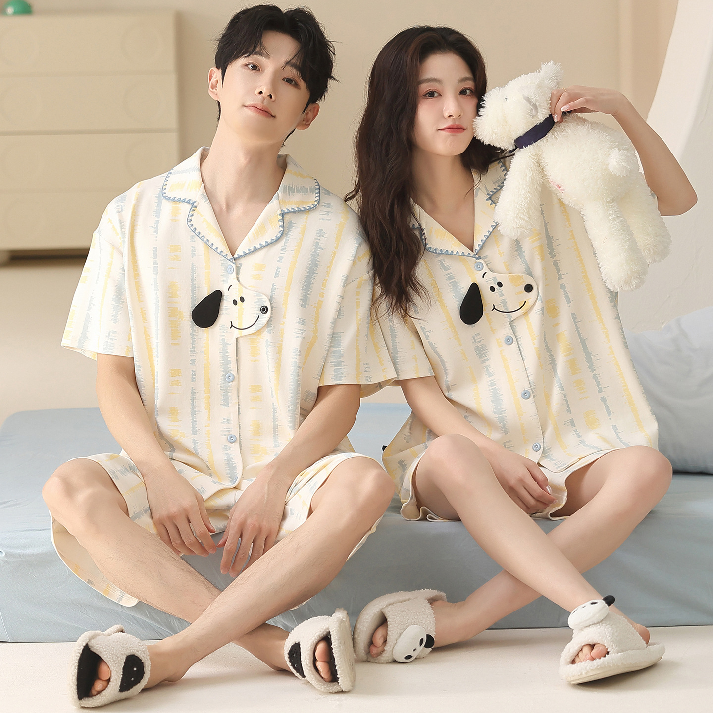 가슴 패드가 있는 순면 커플 잠옷, 여름용 라펠 가디건, 반팔 반바지, 루즈하고 캐주얼하며 외출복으로도 활용 가능한 홈웨어