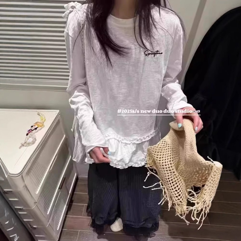 Crewneck Letter Stitching Ruffled Hem Long Sleeve T-shirt Women's 2025 Spring New Design Sense Base Shirt Top Crewneck Letter Stitching Ruffled Hem Long Sleeve T-shirt Women's 2025 Spring New Design Sense Base Shirt Top