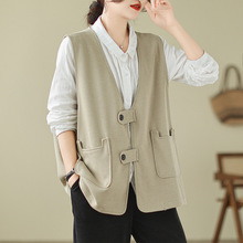 实拍复古棉质马夹外套春秋新款纯色V领设计感时尚无袖坎肩上衣女