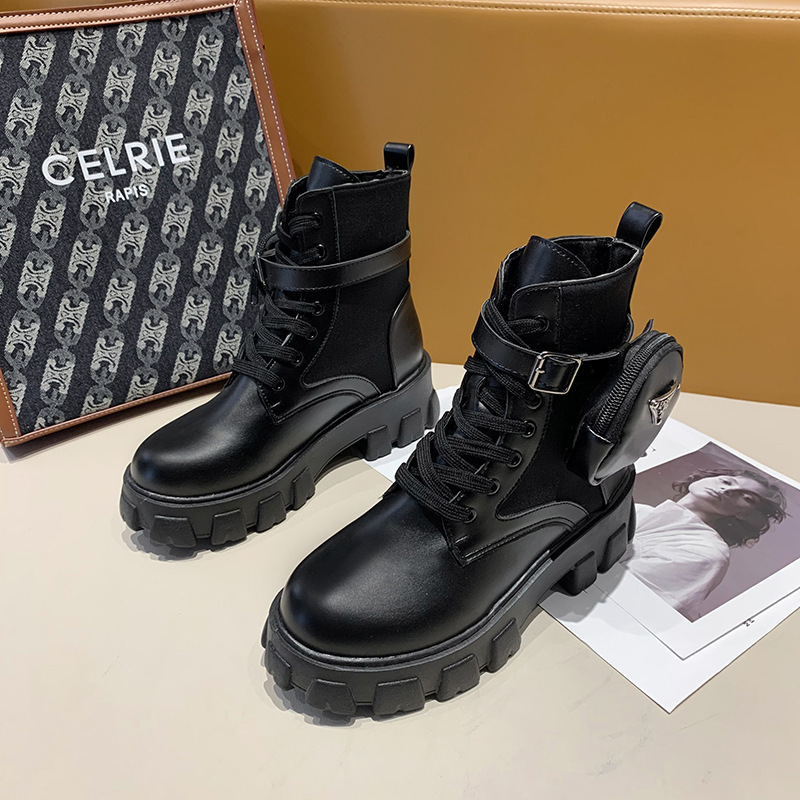 Foreign Trade New plus size Thick Bottom Thick Heel Pocket Short Barrel Martin Boots Women's European and American Front Lace Solid Color Fashion Boots