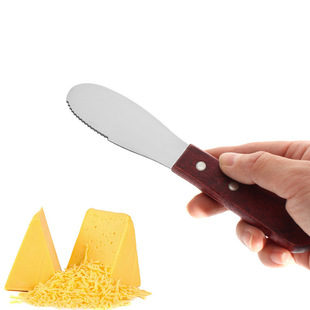 In-Stock Creative Stainless Steel Wooden Handle Cheese Knife with Teeth Western-Style Cheese Butter Scraper Baking Tool