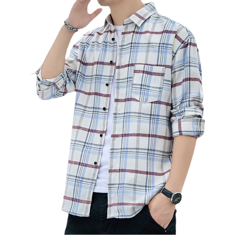 Entrega de una pieza en stock camisa a cuadros de los hombres juventud suelta camisa de manga larga casual Camisa de solapa de los hombres moda