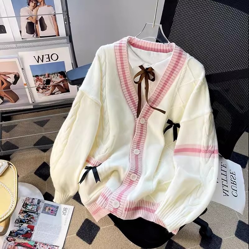 2025 otoño y invierno japonés nuevo estilo de diseño de viento perezoso sensación de jersey cardigan arco de torsión suéter suelto chaqueta mujer image 7
