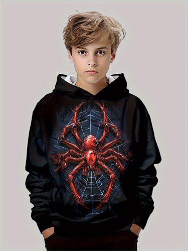 Boys' Fashion Spider 3D Print Casual Hooded Sweatshirt for Spring and Autumn, Boys' Outdoor Hooded Sweatshirt