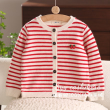 数羊羊 秋冬新款A类康赛妮100%纯羊绒红白撞色条纹儿童羊绒开衫
