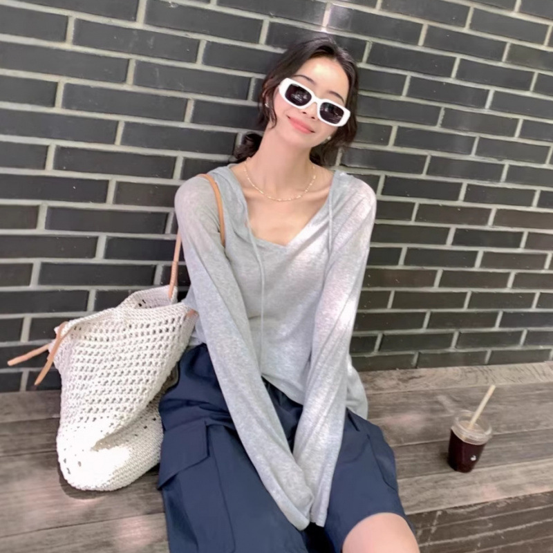 2026 Spring and Summer New Style Women's Tencel Striped V-Neck Knitted Hoodie with Contrasting Color Sun Protection Cover-Up, Loose and Casual 2026 Spring and Summer New Style Women's Tencel Striped V-Neck Knitted Hoodie with Contrasting Color Sun Protection Cover-Up, Loose and Casual