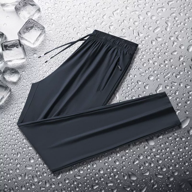 Летние тонкие изысканные клетчатые брюки из ледяного шелка для мужчин, свободные эластичные спортивные удобные дышащие прямые быстросохнущие брюки большого размера