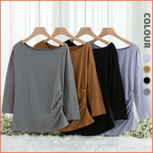 时尚露肩韩系女装2025春秋新款高级感七分袖斜肩t恤显瘦褶皱上衣