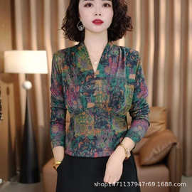 2025新款直播爆款复古长袖洋气打底衫印花圆领女士中年印花妈妈装