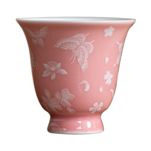Pink teacup single cup tea tasting cup ceramic cup woman cup Gongfu tea set small tea cup household single cup glaze butterfly small cup