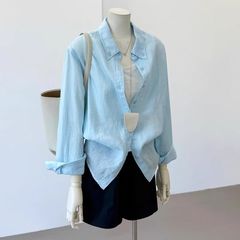 浅蓝色亚麻防晒衬衫女夏薄款高级感慵懒松弛透气衬衣长袖棉麻上衣