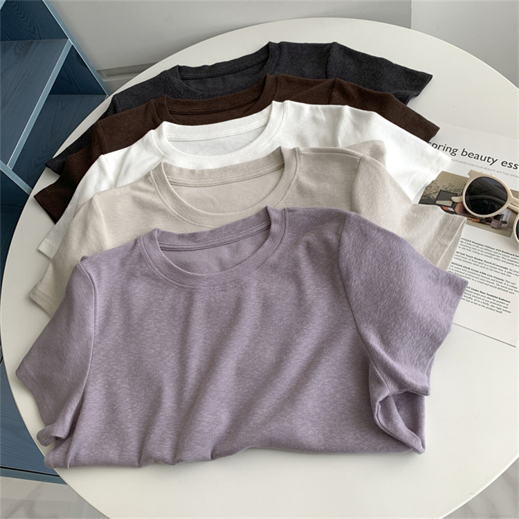 Summer Simple Solid Color Cashmere Slub Cotton Short-sleeved T-shirt Casual Breathable Cool Shoulder Slimming All-match Top