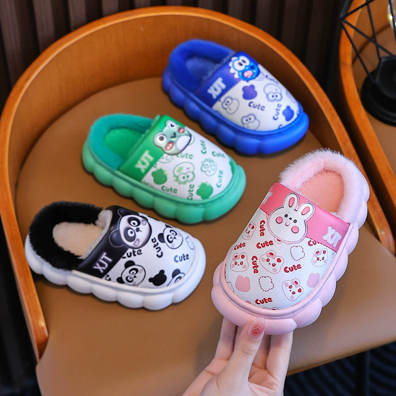 Детские хлопчатобумажные тапочки мужские и женские осенние и зимние новые теплые пуу лица водонепроницаемый мультяшный ребенок хлопок тапочки противоскользящие