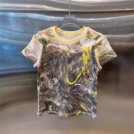 2024夏季新款欧货修身显瘦晕染短袖t恤女时尚洋气百搭上衣1662