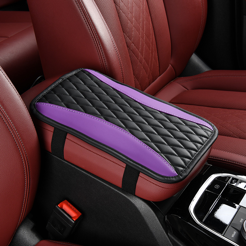 Embroidery Center Console – Universal Armrest box pad - two-tone-black-purple-no-side-pocket