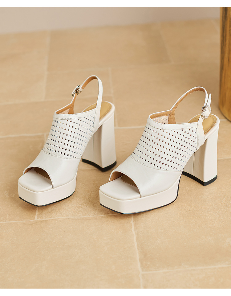 Sandal cao gót nữ hở mũi đế platform gót vuông 9 cm, quai ngang khóa, phong cách La Mã — màu đen, màu trắng ngà chi tiết 18