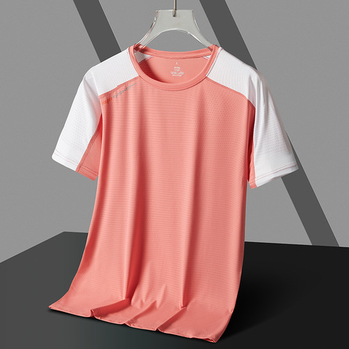  Summer New Colorblock Couple's Short Sleeve T-shirts Ice Silk Cool Breathable Butterfly Mesh Plus Size Quick-Dry Top