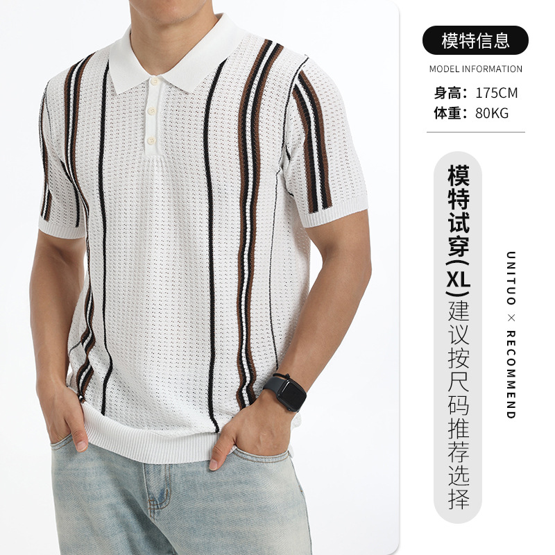 Vintage americano para hombres con rayas contrastantes de punto polo de hielo para hombres lujo ligero camiseta de lujo de alto nivel para hombres