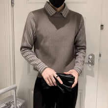 男士假两件秋季时尚毛衣秋冬季韩版潮流外穿修身加厚条纹线衣