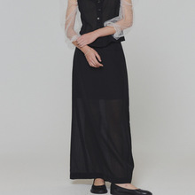 现 韩国amomento夏季新款高腰微透黑色显瘦后开叉直筒半身长裙
