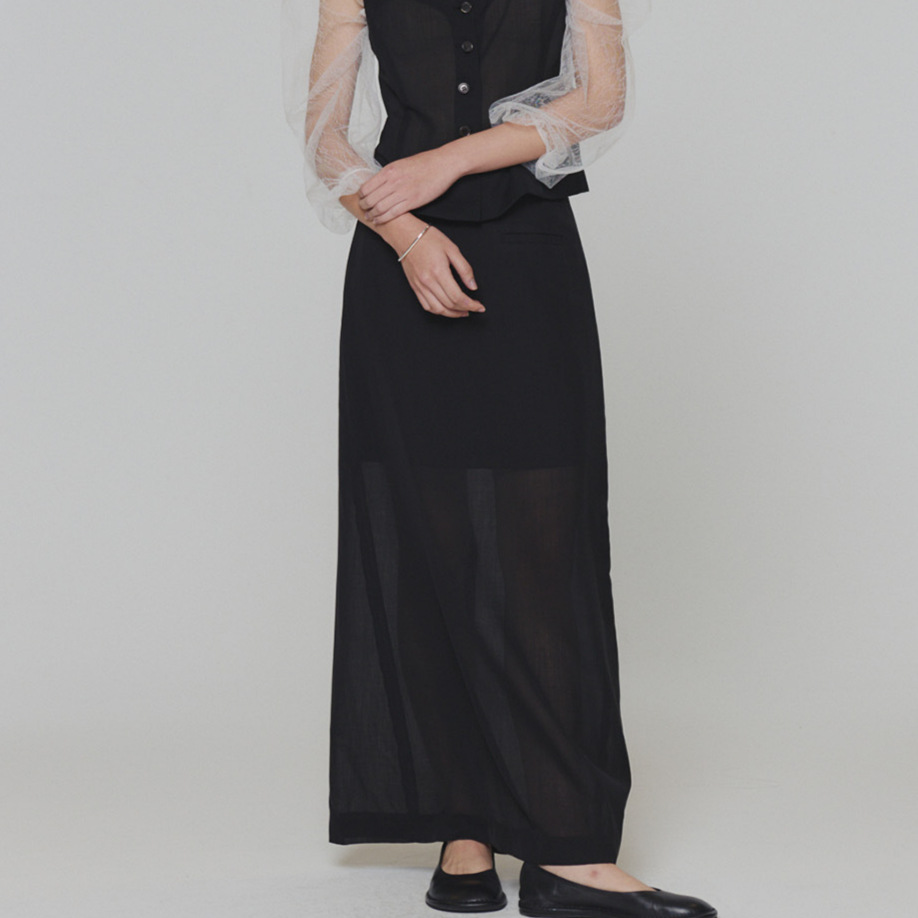 现 韩国amomento夏季新款高腰微透黑色显瘦后开叉直筒半身长裙