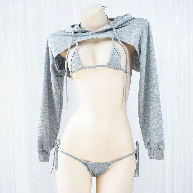 Fun Backless Hooded Long-Sleeved Sweater Women's Small Bikini Set Sexy Strap Modal Underwear B0309