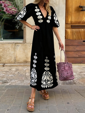Women's Loose Relaxed Cut-Out Dress With Printed V-Neck Puff Sleeves_ecoleips.com