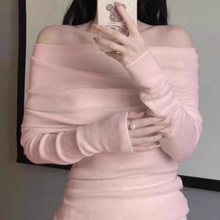 韩系通勤复古法式设计百搭女衫春秋露锁骨一字肩修身辣妹外穿上衣