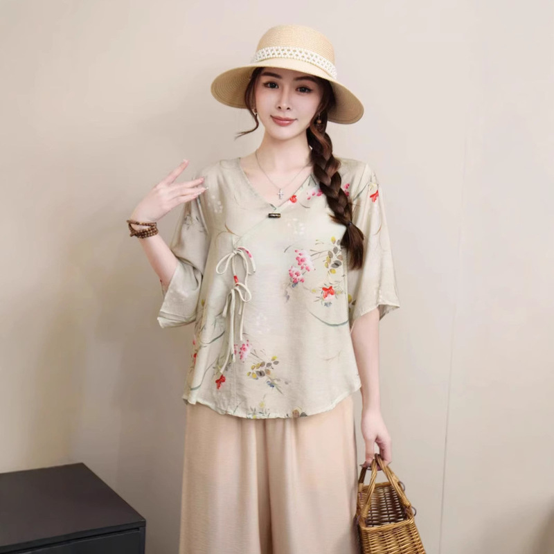 2025 New Chinese Style Women's Short Sleeve Top Improved Hanfu Zen Tea Clothes Dance Clothes Travel Clothing Retro Summer