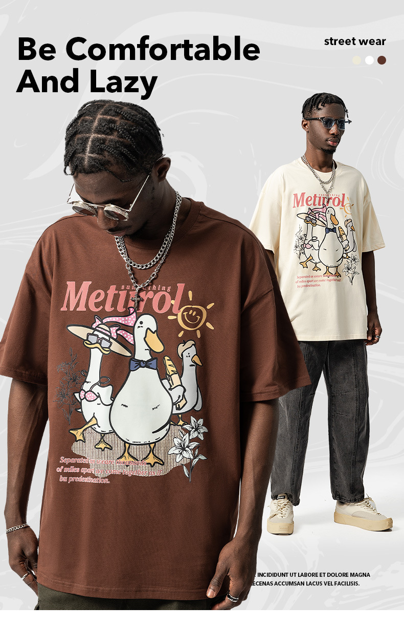 American Trendy Duck Print Kurzarm T-Shirt Herren Loose Oversize Trendy High Street Paar Vielseitiges T-Shirt_voghion.com