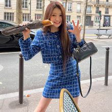 韩国ins2025秋装法式小香风粗花呢格纹短外套+高腰半身裙时尚套装